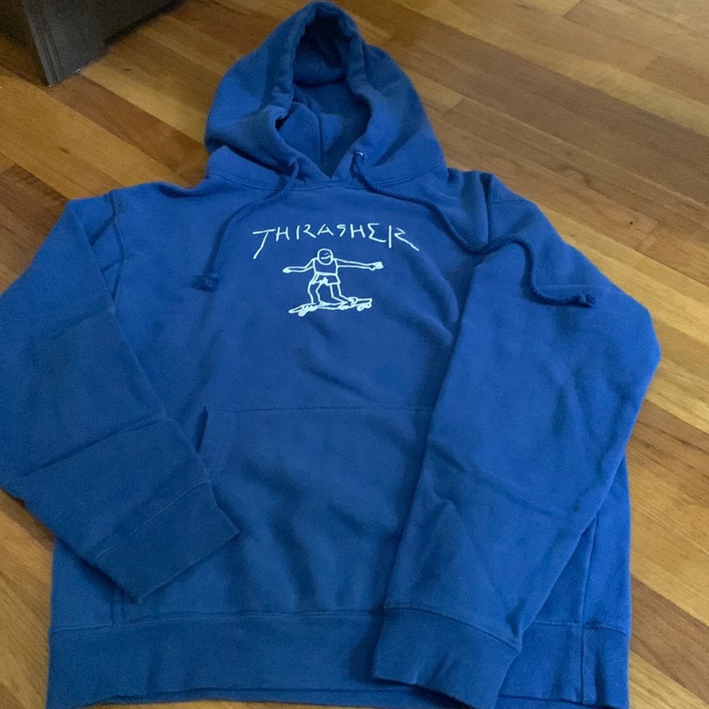 Great used condition. Oversized royal blue Thrasher hoodie with kangaroo pocket